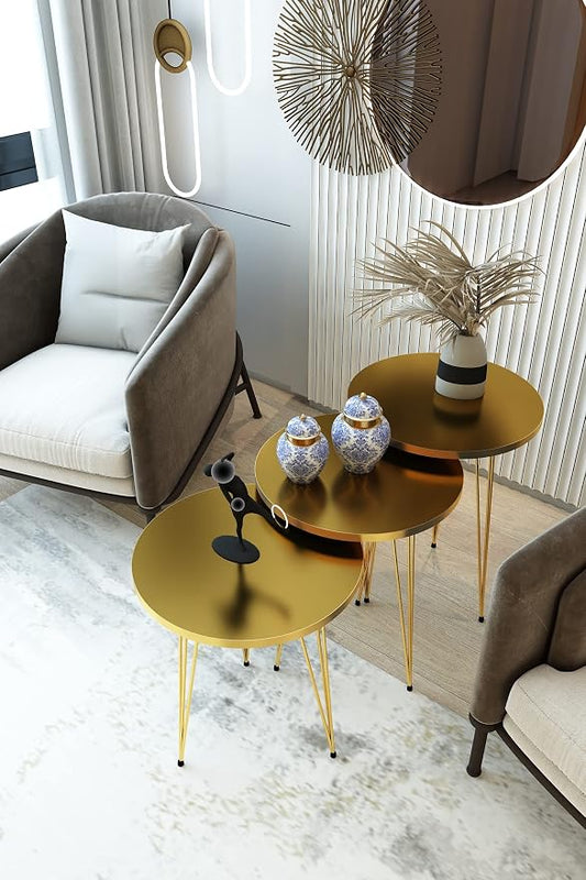 Set of 3 High Gloss Gold Nesting End Tables Round Wood Stacking Coffee Side Accent Table with Metal Legs for Living Room, Home Office, Nightstands for Bedroom