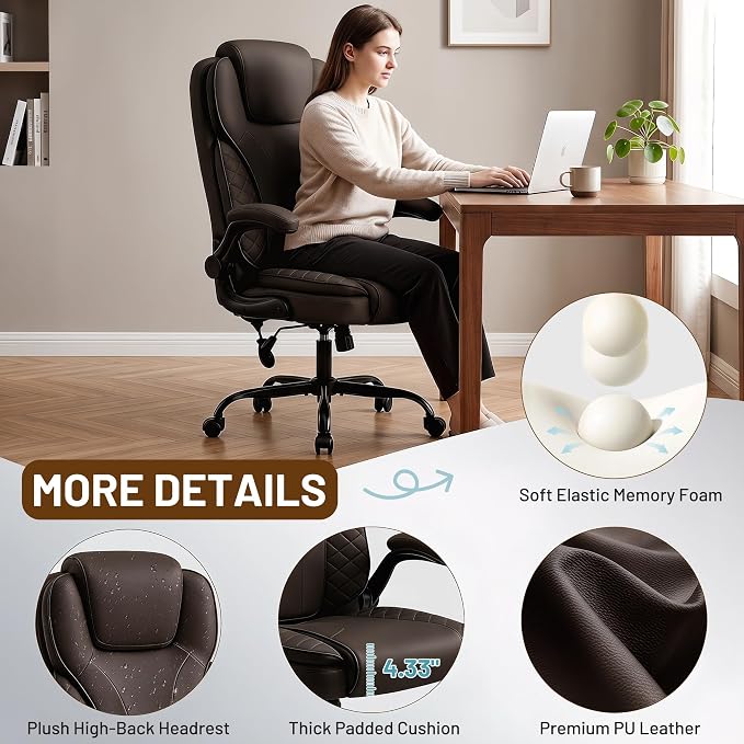 Ergonomic Office Chair, PU Leather High Back Executive Chair with Adjustable Inflatable Lumbar Support and Padded Flip-Up Arms, Recline Swivel Task Computer Chair for Home Office, Dark Brown