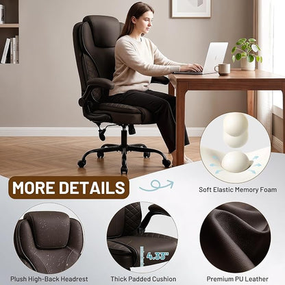 Ergonomic Office Chair, PU Leather High Back Executive Chair with Adjustable Inflatable Lumbar Support and Padded Flip-Up Arms, Recline Swivel Task Computer Chair for Home Office, Dark Brown