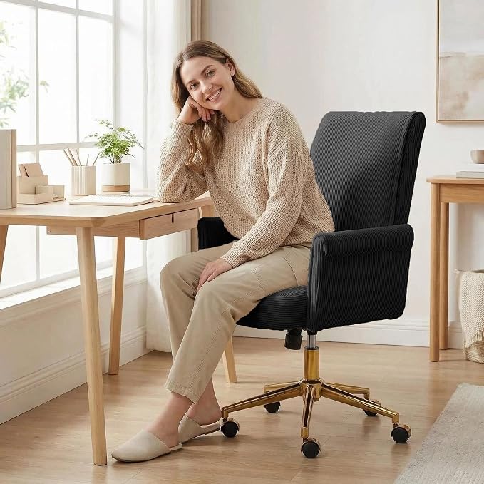 Striped Velvet Office Chair, 360° Swivel Ergonomic Task Chair with High Back, Gold Base and Wheels, Height Adjustable Modern Accent Chair for Home Office, Living Room, Study, Vanity Room (Black)