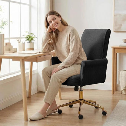 Striped Velvet Office Chair, 360° Swivel Ergonomic Task Chair with High Back, Gold Base and Wheels, Height Adjustable Modern Accent Chair for Home Office, Living Room, Study, Vanity Room (Black)