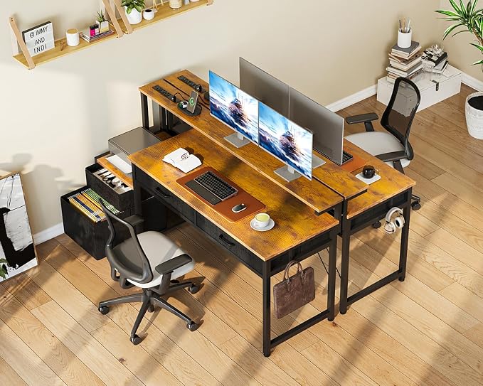 AODK Computer Desk with 4 Drawers, 55 Inch Office Desk with Printer Shelf & Built-in Power Outlet, Work Desk with Monitor Shelf for Home Small Spaces, Rustic Brown