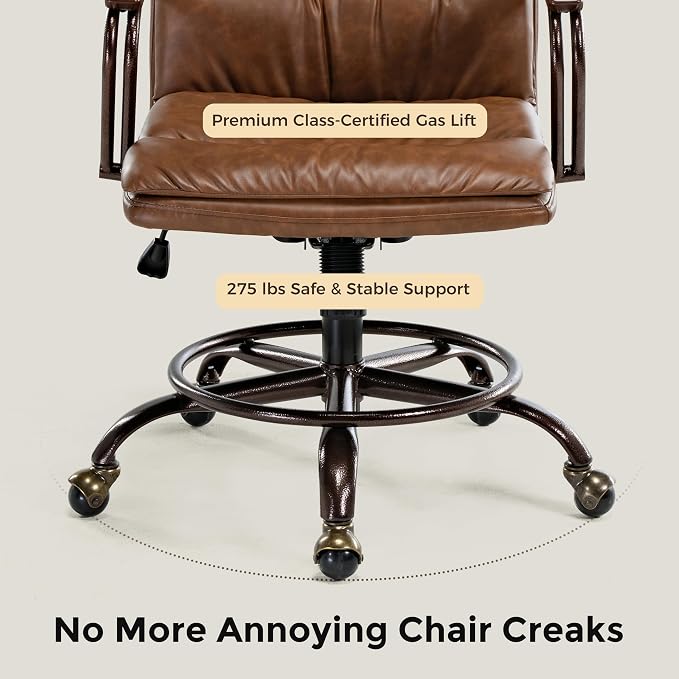 EUREKA ERGONOMIC Mid-Century Vintage Office Chair, Faux Leather Executive Desk Chair with Unique Ball Casters and Fixed Footrest Ring, Brown Retro Swivel Chair for Home Office and Study, Brown