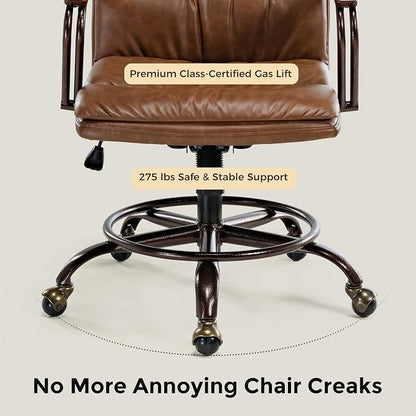EUREKA ERGONOMIC Mid-Century Vintage Office Chair, Faux Leather Executive Desk Chair with Unique Ball Casters and Fixed Footrest Ring, Brown Retro Swivel Chair for Home Office and Study, Brown
