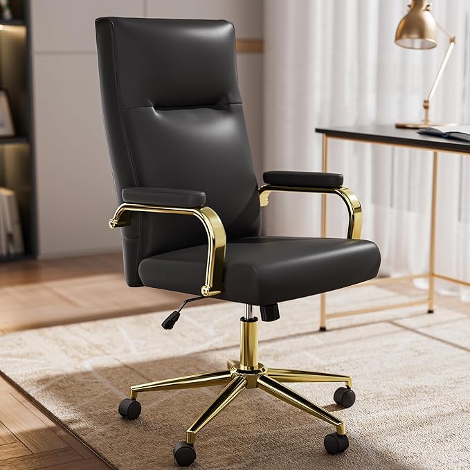 GXJ Black and Gold Office Chair with Memory Foam Seat, Computer Desk Chair | 4.9'' Memory Foam Seat and 4.7'' Comfortable Backrest, High Back Leather Executive Chair with Wheels and Arms for Women