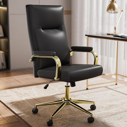 GXJ Black and Gold Office Chair with Memory Foam Seat, Computer Desk Chair | 4.9'' Memory Foam Seat and 4.7'' Comfortable Backrest, High Back Leather Executive Chair with Wheels and Arms for Women