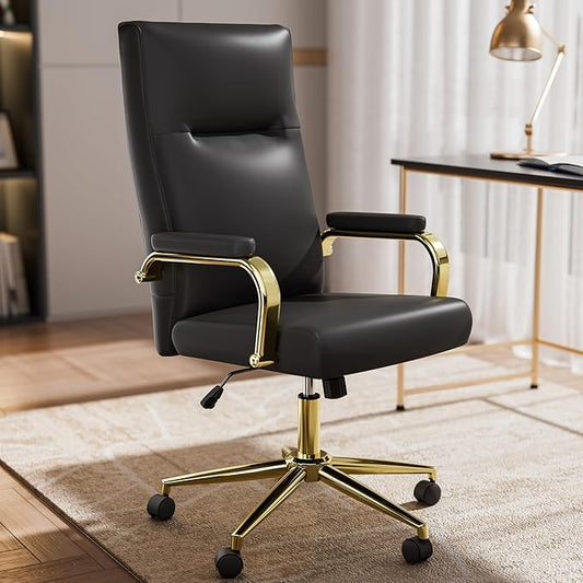 GXJ Black and Gold Office Chair with Memory Foam Seat, Computer Desk Chair | 4.9'' Memory Foam Seat and 4.7'' Comfortable Backrest, High Back Leather Executive Chair with Wheels and Arms for Women