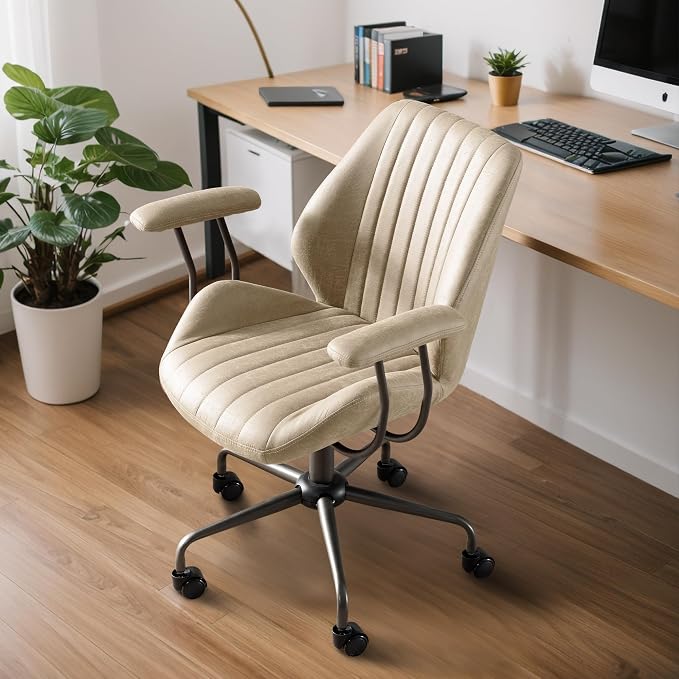 Mid Century Modren Office Chair - Fuax Leather Suede Brown Executive Chairs Ergonomic Mid Back with Lumbar Support, Swivel Computer Desk Task Chair with Wheels for Home Office (Beige, Mid Back)