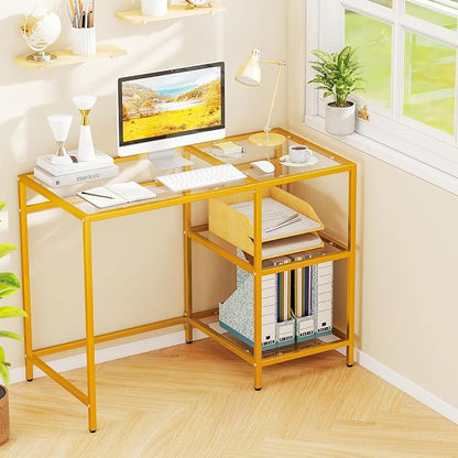 GOFLAME Computer Desk with Shelves, 42” Home Office Desk with Metal Frame, Tempered Glass Study Writing Table, Modern Simple PC Desk for Living Room Bedroom (Golden)