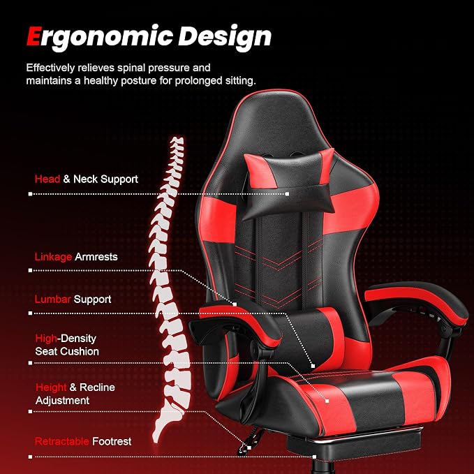 Gaming Chair with Footrest, Ergonomic Video Game Chair with Headrest and Lumbar Support, 400 lbs Adult Chair, Height Adjustable 360° Swivel High Back Reclining Computer Chair for Home Office (Red)