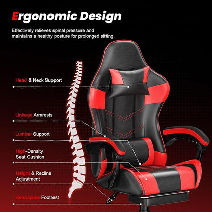 Gaming Chair with Footrest, Ergonomic Video Game Chair with Headrest and Lumbar Support, 400 lbs Adult Chair, Height Adjustable 360° Swivel High Back Reclining Computer Chair for Home Office (Red)