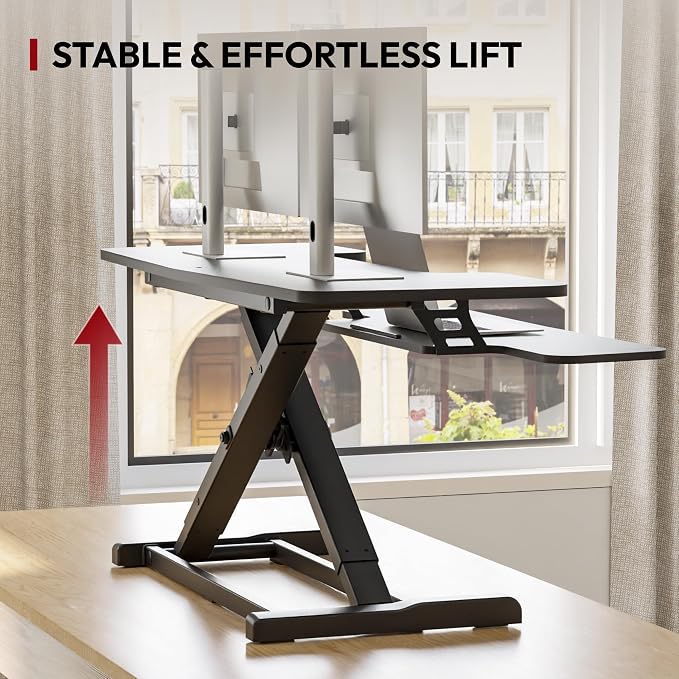 SANODESK 42" Extra Large Standing Desk Converter, Height Adjustable Sit Stand Riser with Wide Keyboard Tray, Dual Monitor Workstation for Home Office, Ergonomic Desktop Riser, Black