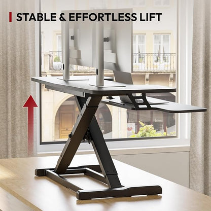 SANODESK 42" Extra Large Standing Desk Converter, Height Adjustable Sit Stand Riser with Wide Keyboard Tray, Dual Monitor Workstation for Home Office, Ergonomic Desktop Riser, Black