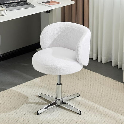 VINGLI Cute Small Swivel Desk Chair Comfy no Wheels,Ergonomic Low-Back Lumbar Support Vanity Nail Tech Computer Task StoolGirls Women Kids Chair for Home Office,Height Adjustable,Teddy Fleece,White