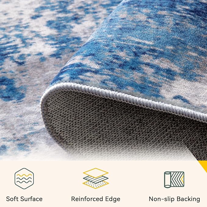 RELEANY Washable Area Rugs Square 9ft Non-Slip Modern Abstract Soft for Living Room Entryway Bedroom Kitchen, Print Pattern, Blue Grey Navy Gray