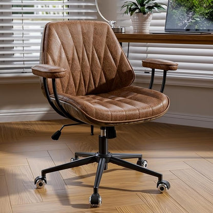 Office Desk Chair with Rubber Casters and Padded Arms, Premium Cognac Brown Faux Leather Computer Chair, Height Adjustable Vintage Rolling Swivel Executive Task Chair for Home Office