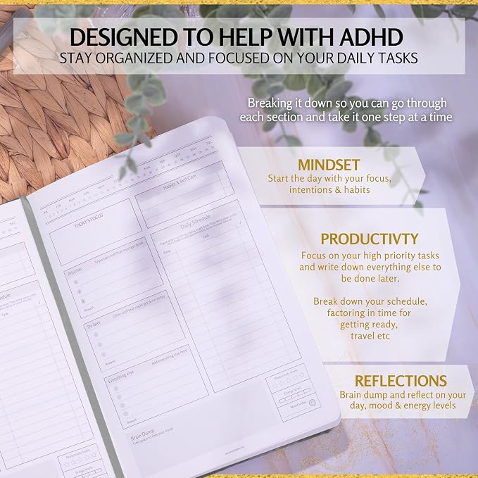 ADHD Daily Planner for Neurodivergent Adults – Premium Leather Productivity & Task Management Planner with Guided Focus Pages, 170gsm Paper, Gold Foiling & Gift Box – Undated | A5 (Black)