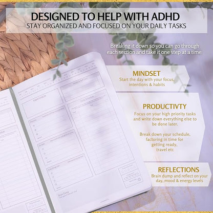 ADHD Daily Planner for Neurodivergent Adults – Premium Leather Productivity & Task Management Planner with Guided Focus Pages, 170gsm Paper, Gold Foiling & Gift Box – Undated | A5 (Black)