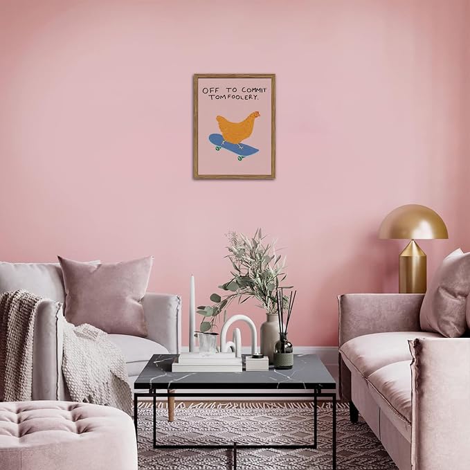 Framed Off to Commit Tomfoolery Wall Art, Vintage Fun Chicken Canvas Print, Whimsical Chicken on Skateboard Picture Wall Decor, Humorous Animal Painting for Living Room Bedroom 12x16 inch