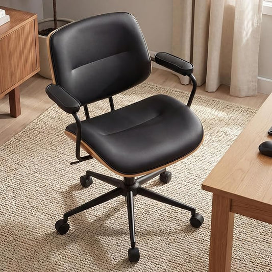 Mid Century Modern Office Chair with Adjustable Backrest, Wooden Desk Chair with Armrests, Swivel Height Adjustable Home Office Chair, Comfortable Task Chair for Home Office, Black
