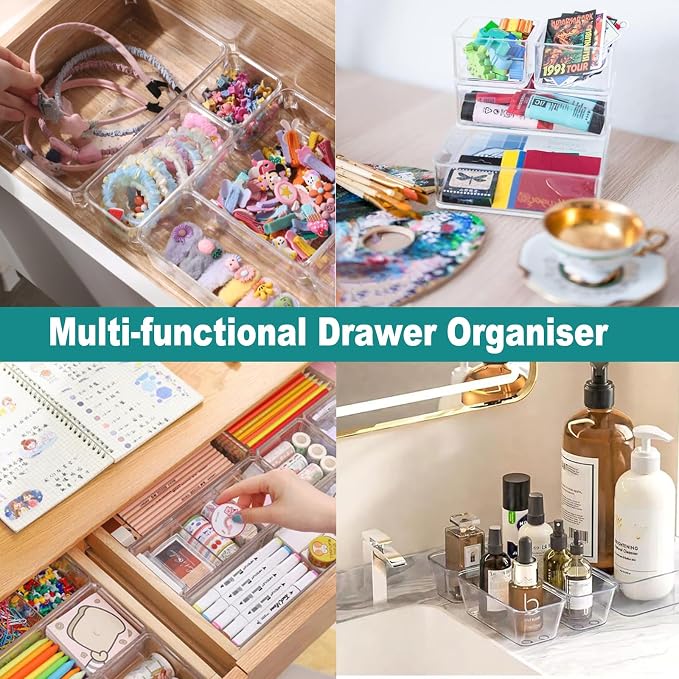 15 Pack Clear Plastic Drawer Organizer Set - 4 Sizes Makeup Vanity Organizer Chest of Drawers Storage Stackable Organizers Bins Divider Box for kitchens, Bedrooms, Bathrooms, Offices, Junk, Gadgets