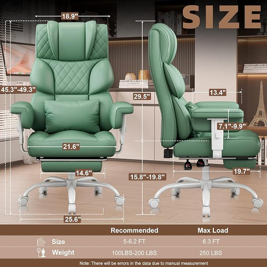 Vonesse Big and Tall Office Chair, Desk Chair with Soft Adjustable Armrests, Ergonomic High Back Gaming Chair with Lumbar Support, Executive Computer Chairs with Footrest (PU Leather, Green)
