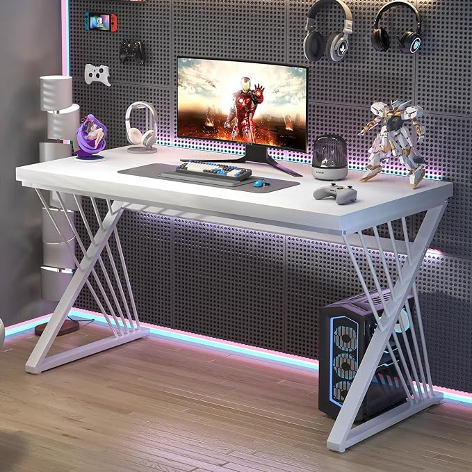 FOLUBAN White Desk, Modern Wood and Metal Computer Desk for Home Office, Simple Writing Work PC Desks for Bedroom, Industrial Study Gaming Table for Living Room, White, 47 Inch