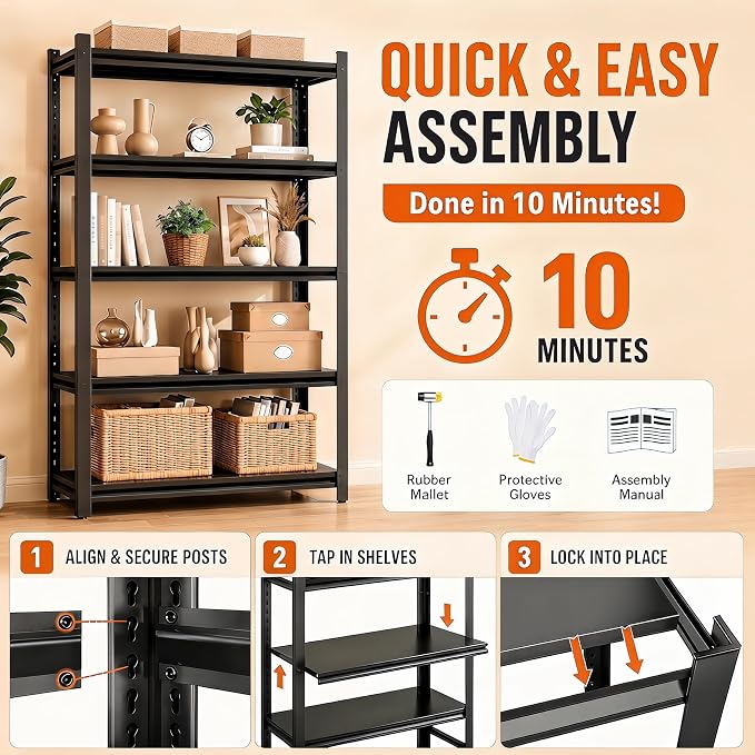 Modern Metal Book Shelf, Heavy Duty Black Bookshelf, Bolt-Free Deep Bookcase for CDs Movies Garage Kit, Adjustable Bookshelf in Living Room, Bedroom, Kitchen, Office, 28" W x14 D x32 H