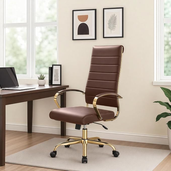LeisureMod Modern High-Back Leather Office Chair - Swivel & Adjustable Executive Desk Chair with Gold Frame, Ergonomic Design for Home & Office (Brown, Set of 8)