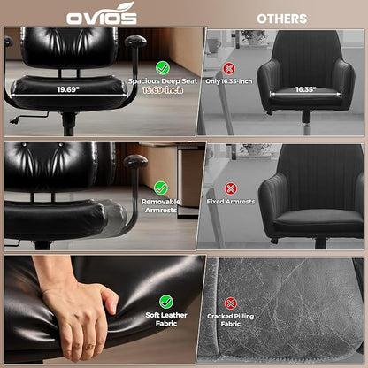 ovios Ergonomic Office Chair, Mid Back Faux Leather Executive Chairs with Thick Cushion, Comfy Mid-Century Modern Swivel Rolling Computer Armchair (Black, PU Leather)