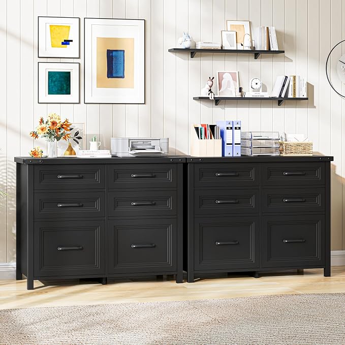 Halitaa 6 Drawer File Cabinets,Farmhouse Lateral Filing Cabinet Fits Letter and A4 Size, Wooden File Cabinet for Home Office, Printer Stand,Black
