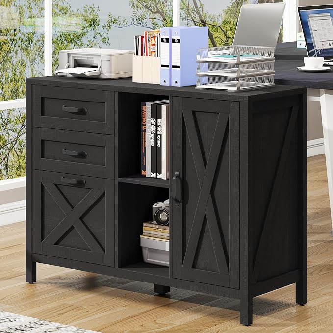 Vabches Lateral File Cabinet, Farmhouse 3 Drawer File Cabinet with Open Storage Shelf for Letter/Legal/A4 Size Hanging Files, Large Wood Storage Cabinets Printer Stand for Home Office, Black