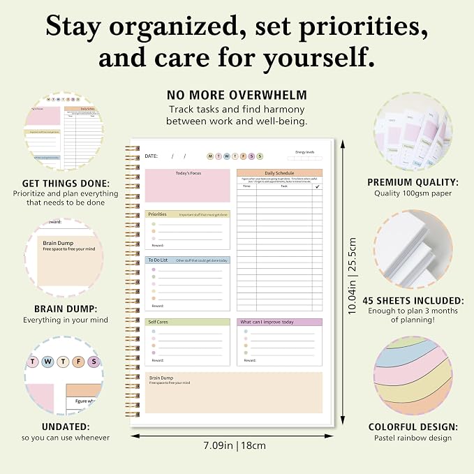 ADHD Daily Planner with Hard Cover & Colorful Sheets Inside,Productivity Planner Task Management Organizer for Neurodivergent Adults Focused for Men & Women, 7" x 10"