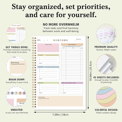ADHD Daily Planner with Hard Cover & Colorful Sheets Inside,Productivity Planner Task Management Organizer for Neurodivergent Adults Focused for Men & Women, 7" x 10"