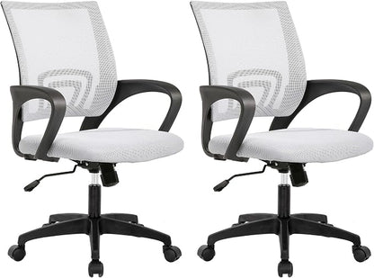 BestOffice | Ergonomic Office Chair | Mid-Back Swivel Desk Chair | Breathable Backrest & Lumbar Support | Adjustable Height | Sponge Seat | Rolling Wheels | White | for Adults & Women | Pack of 2