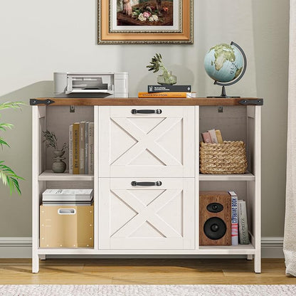 Halitaa 2 Drawer File Cabinet, Farmhouse Lateral Filing Cabinet Fits File Letter or A4 Size, Wooden Printer Stand with Open Storage Adjustable Shelf for Home Office, Rustic White