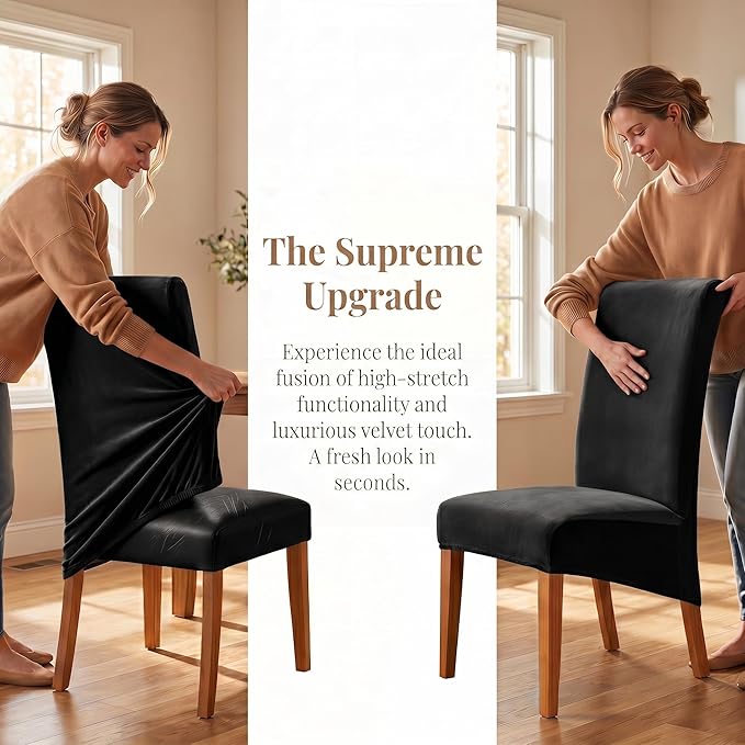 Deisy Dee Stretch XL/Oversized Extra Large Velvet Dining Room Chair Covers for Kitchen Dining，Removable Washable Chair Protectors Slipcovers (Black, 4)