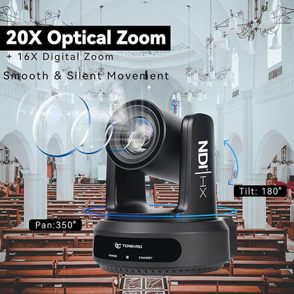 TONGVEO NDI PTZ Camera with AI Auto-Tracking: 20X Optical Zoom HDMI SDI USB PoE IP 1080P 60fps Video Camera for Live Streaming Conference Room Webcam for Church Worship, OBS