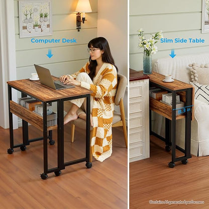 GreenForest Folding Desk with Wheels, 24.8 Inch Compact Rolling Computer Table with Storage Shelf, Portable Mobile Workstation for Small Spaces, Easy Assembly,Walnut