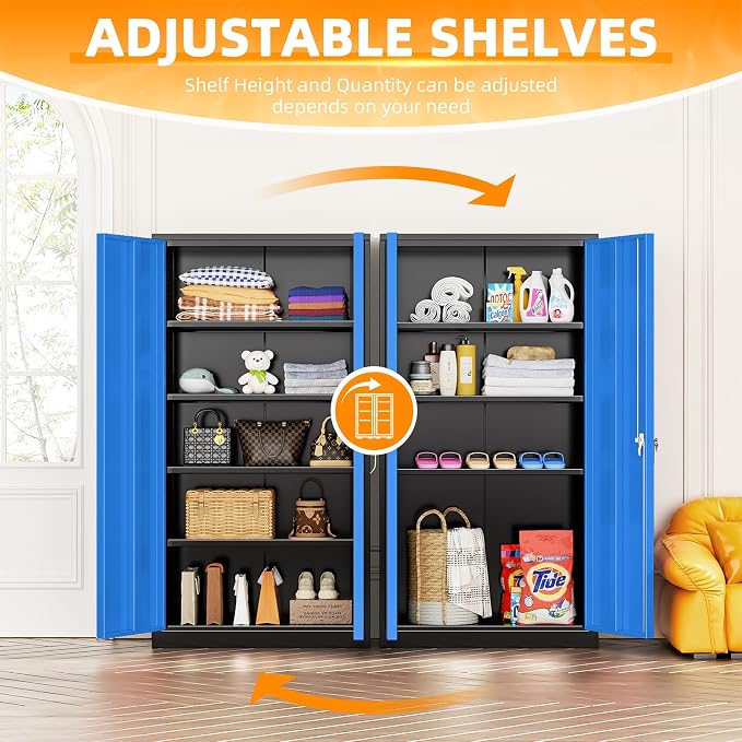 INTERGREAT Metal Storage Cabinet with Lock, 72" H Garage Cabinets with Doors and Adjustable Shelves, Lockable Metal Cabinets for Garage, Home, Office(Black-Blue)