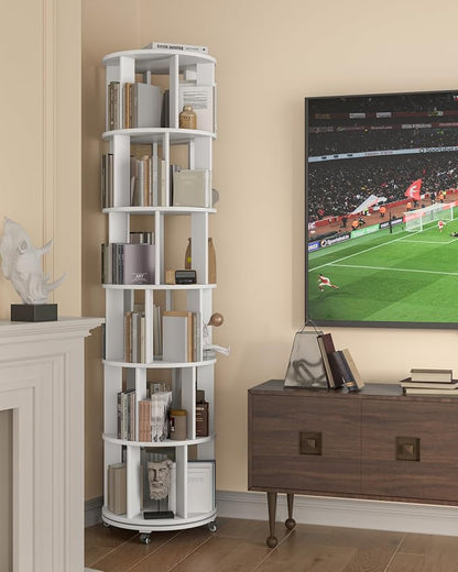 6-Tier Solid Wood Rotating Bookshelf on Wheels, 360° Spinning Book Shelf Tower, Round Revolving Bookcase Organizer, Rolling Bookshelves for Small Spaces, Corner, Bedroom, Kids Room, Office, White