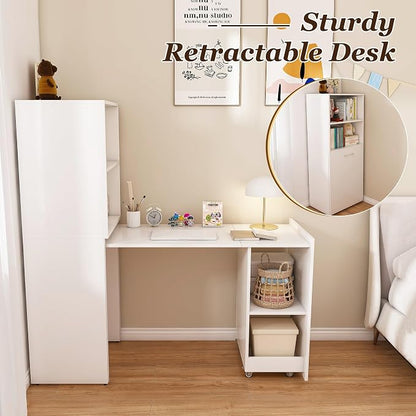 Foldable Expandable Desk Cabinet with Storage Shelves, Rolling Caster Base, Magnetic Closure, Retractable Workstation Unit for Small Spaces, Home Office Study Writing Table Organizer (White)