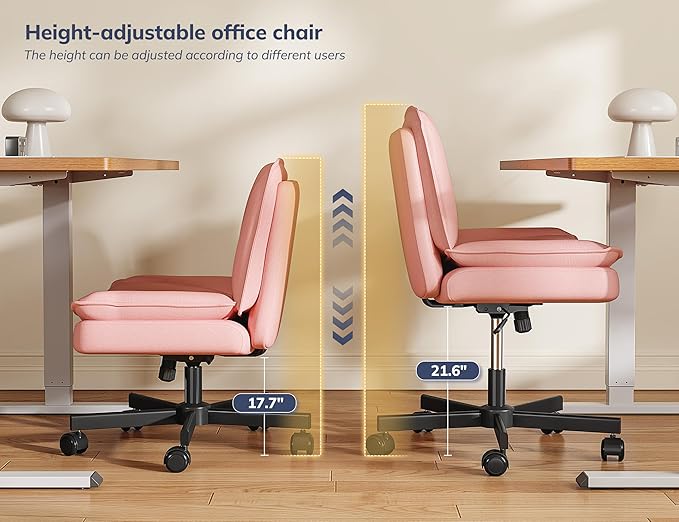 DurayLoly Criss Cross Office Chair with Wheels, Cross Legged Office Chair with 2 Layer Comfty Leather, Armless Wide Vanity Chair for Home Office, Pink