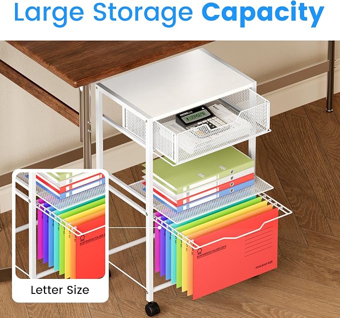 Cawukege 3 Tier Printer Stand, Mobile Table with Wheels, Printer Shelf Rolling Cart with Storage Desk Organizer Hanging File for Office Home, White