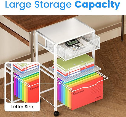 Cawukege 3 Tier Printer Stand, Mobile Table with Wheels, Printer Shelf Rolling Cart with Storage Desk Organizer Hanging File for Office Home, White