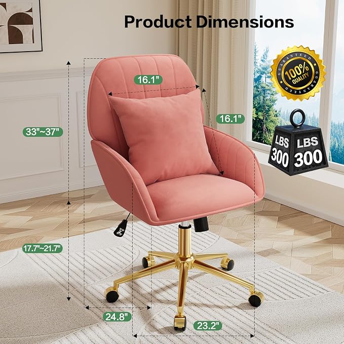 Home Office Desk Chair Comfy with Adjustable Swivel Wheels, Modern Velvet Makeup Vanity Chair with Back & Pillow, Ergonomic Office Chair Computer Task Chair for Living Room, Bedroom, Coral Red