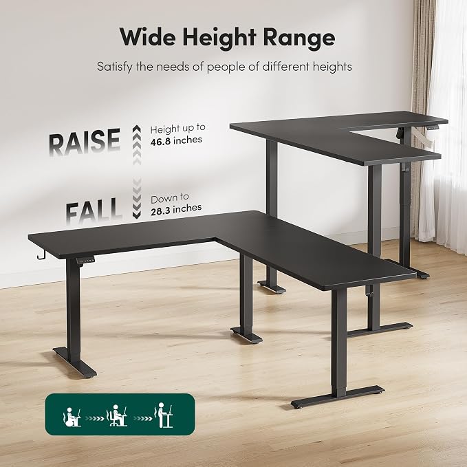 BANTI L-Shaped Standing Desk - 75 x 63 Inch Adjustable Corner Standing Desk with Charging Station - L Shape Sit Stand Table with Memory Controller, Splice Board for Home Office, Black