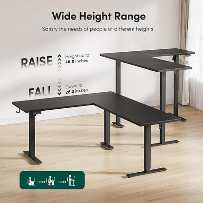 BANTI L-Shaped Standing Desk - 75 x 63 Inch Adjustable Corner Standing Desk with Charging Station - L Shape Sit Stand Table with Memory Controller, Splice Board for Home Office, Black