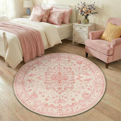 RELEANY Area Rugs Round 4ft Washable Non-Slip, Floral Vintage Distress Medallion Carpet for Living Room Bedroom Dining Room, Pink Light Vintage Pink