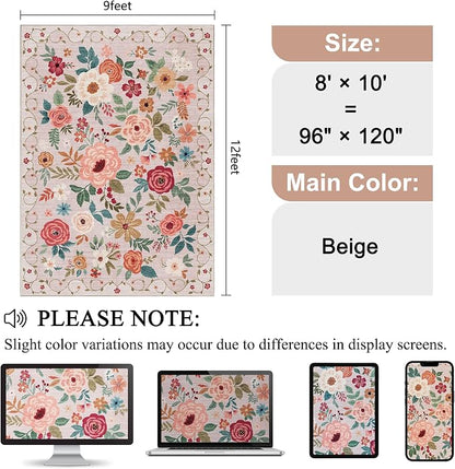 DUKINO 9x12 Area Rug, Floral Rugs for Living Room, Lightweight Non Slip Washable Rug, Indoor Low Pile & Non-Shedding Boho Design Rugs for Bedroom, Living Room, Dining Room, Beige